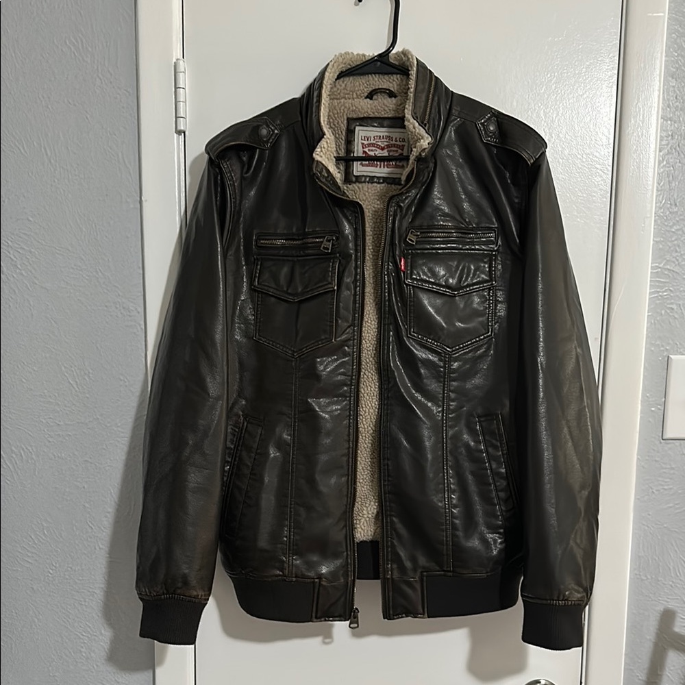 Levi's Men's Dark Brown Faux Leather Sherpa Lined Aviator Bomber Jacket